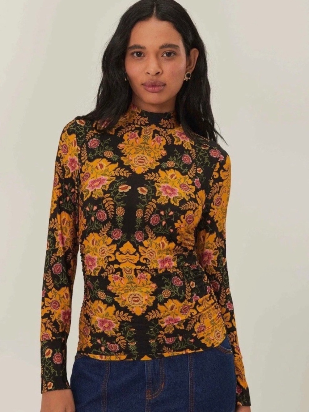 FARM Rio Black Arabesque Floral Jersey Blouse Women’s Size XS